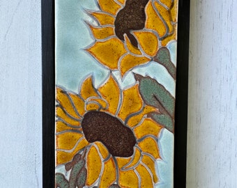 Sunflowers handmade and hand glazed ceramic framed art tile