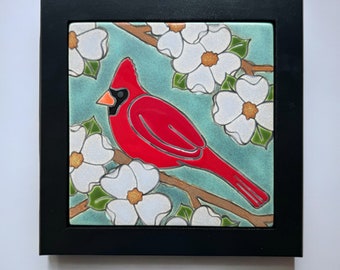 northern cardinal in the dogwoods handmade and hand glazed ceramic 8" x 8" framed art tile