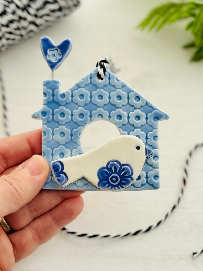 birdhouse with heart handmade ceramic ornament image 2