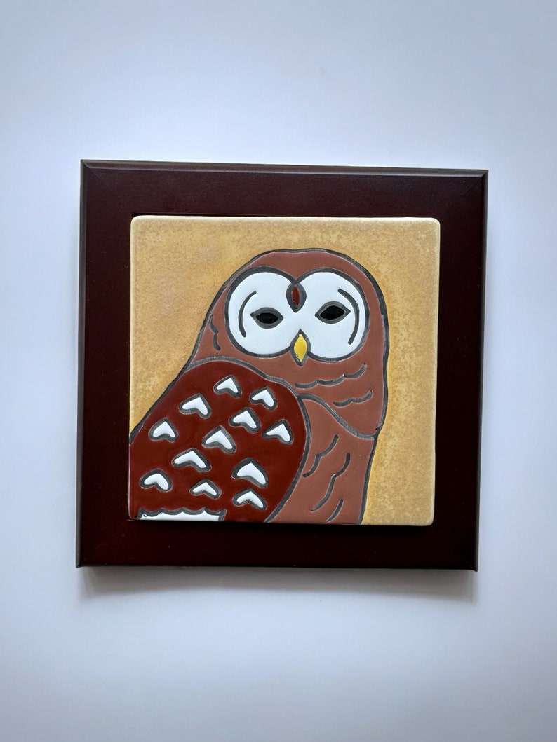 barred owl handmade and hand glazed ceramic framed art tile image 1