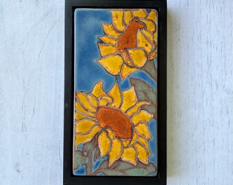 Sunflowers handmade and hand glazed ceramic framed art tile