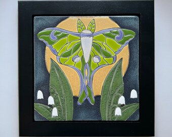 luna moth in the moonlight handmade and hand glazed ceramic 8" x 8" framed art tile