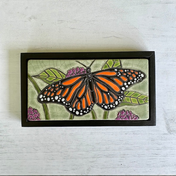 Monarch butterfly in my garden handmade and hand glazed ceramic framed art tile