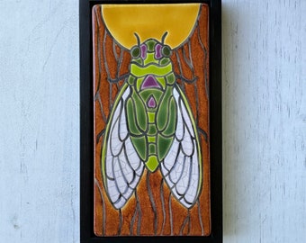 Cicada on a tree bathed in moonlight  handmade and hand glazed ceramic framed art tile