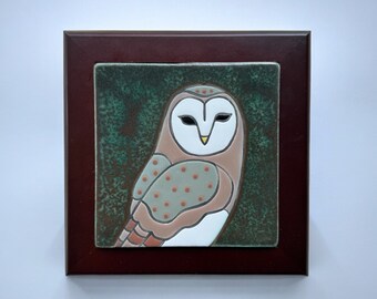 barn owl handmade and hand glazed ceramic framed art tile