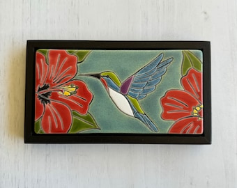 Hummingbird handmade and hand glazed ceramic framed art tile