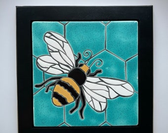 honeybee in the hive handmade and hand glazed ceramic 8" x 8" framed art tile