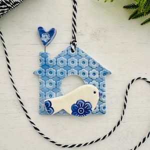 birdhouse with heart handmade ceramic ornament image 1