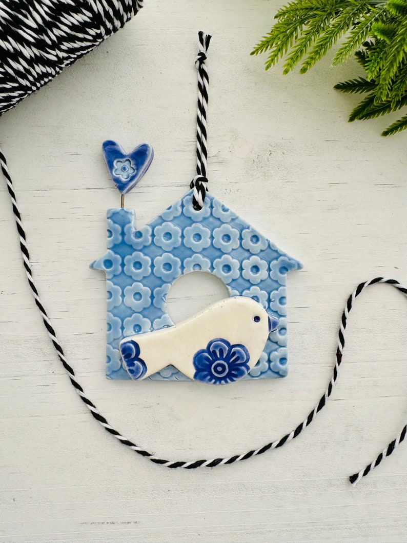 birdhouse with heart handmade ceramic ornament image 1