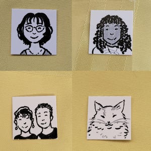 May include: Four small, square illustrations on a yellow background. The illustrations are black and white line drawings of people and a cat. One shows a person with glasses, another a person with curly hair, a third two people, and the last a cat.