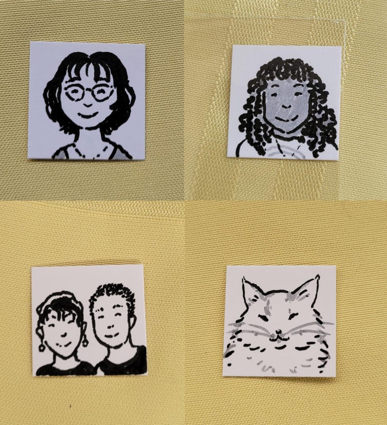 May include: Four small, square illustrations on a yellow background. The illustrations are black and white line drawings of people and a cat. One shows a person with glasses, another a person with curly hair, a third two people, and the last a cat.