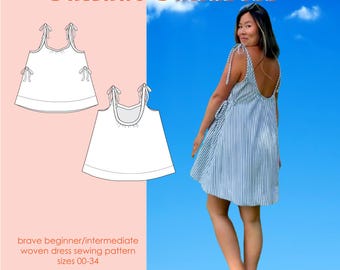 Sundae Sundress Woven Dress Sewing Pattern Low Back Mini Tie Strap Dress