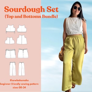 May include: The image showcases a sewing pattern bundle labeled "Sourdough Set" with top and bottom designs. The pattern includes illustrations of tops, shorts, and pants. A woman is wearing a white top and olive green pants. The text "@sewbakemake" is visible.