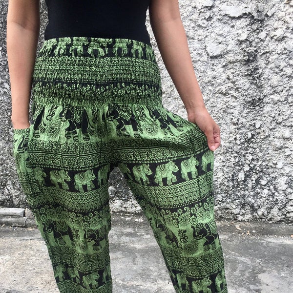 Trousers Yoga Pants Elephants Print Hippie Baggy Boho Gypsy Fashion Style Clothing Rayon Tribal Bohemian chic Clothes Exercise Beach green