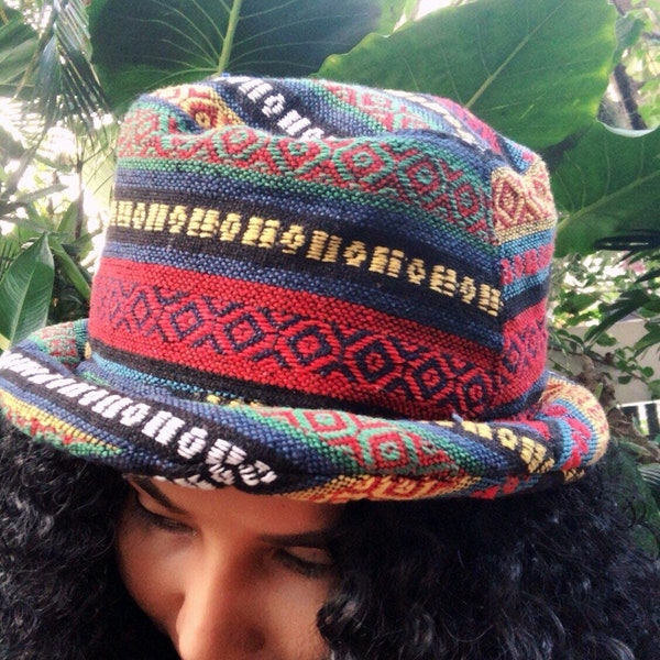 Boho Woven Bucket Hat Roll wide brim Hippy Bohemian aztec Style Baja drug Rug cotton fabric Hipster Festival men women Burning man Hiking