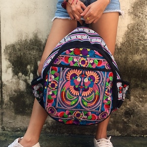 Multicolor Boho Backpack Embroidered Hippie Retro Hmong Flower Festival Travel Luggage School bag Gift for her Women men Mother Unique Motif