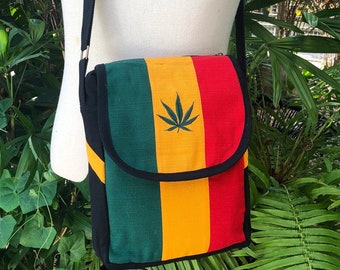 Rasta Color Marijuana Leaf Sling Bag Rastafari Messenger Bag Reggae Shoulder Bag Cross-body cotton bag Music festival gift Vegan Men women