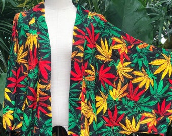 Cannabis Leaf Kimono blazer Rasta Hippie Bohemian Leaves Jungle party Reggae music festival outfit Beach Summer Autumn cloth for women men