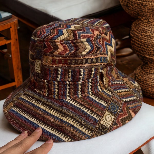 Navajo Hippie Bucket Hat boho Rust Roll brim Southwestern Bohemian Ethnic Style design Hipster Festival Vegan Gypsy men women Burning man