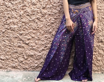 Festival Boho Palazzo pants Front high Slit Bohemian Hippie clothing Gypsy Vegan style Beach summer fashion Mandala Gift women Purple Thai