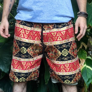 Ethnic Shorts Men Aztec Hippie Metallic Glitter Shorts Gold Tinsel Summer Burning man Hipster outfit unique orange bohemian cloth Rave