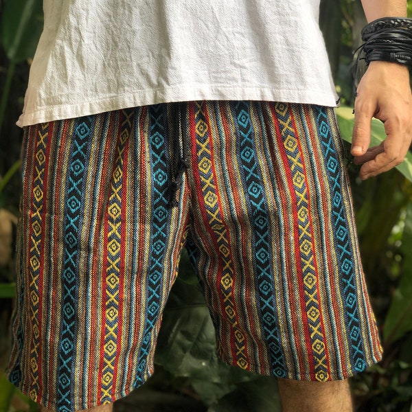 Baja cotton Shorts Hippie Men Tribal Boho Summer festival Bohemian Aztec Ethnic ikat Style Woven drug rug Clothing Gypsy gift Unique chic