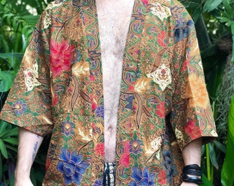 Natural Bohemian Batik Kimono Bali Indonesia style cotton Loungewear Oversized Boho Blazer Floral motif Festival Japanese Unique Men women