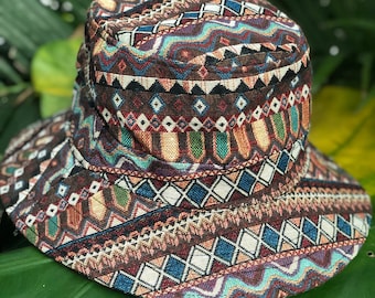 Bucket Hat Tribal Aztec Ikat style Funky Boho Hippie Hipster Vegan men women Fishing Hat Festival Cotton Linen fabric Hat for men Women Chic