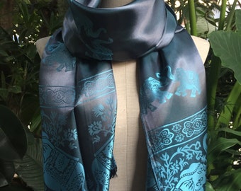 Blue Thai silk scarf Shawl elephant headband Turban  Boho elegant Style Gift idea Vegan bridesmaid stylish unique scarf silky feeling scarf