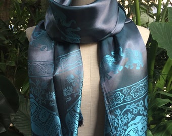 Pañuelo de seda tailandesa azul, diadema de elefante, turbante, estilo boho elegante, ideal para regalo. Bufanda vegana, elegante y única para damas de honor, con tacto sedoso.
