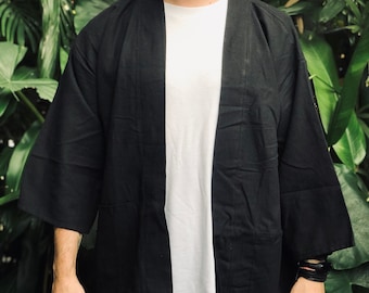 Kimono in lino e cotone nero Giacca boho da uomo e da donna Giacca rustica Blazer Festival Boho Street Stile giapponese Zen Naturale Loungewear Rave