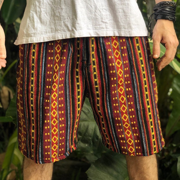 Boho Woven Shorts Aztec Ikat bajA drug rug cotton Clothing Burning man Summer Vegan Hipster Ethnic Bohemian Gypsy Napali Fabric unisex men