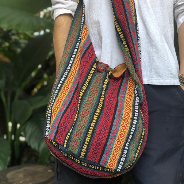 Crossbody cotton bag Boho Sling bag Hippie Ikat Aztec style woven Nepali drug rug colorful fabric for men women festival gift bohemian gypsy