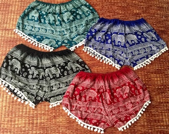 Pom pom Shorts with Elephant fabric Hippie Boho Beach Summer shorts Festival outfit Clothing Bohemian Cute Unique Gift for her lady Colorful