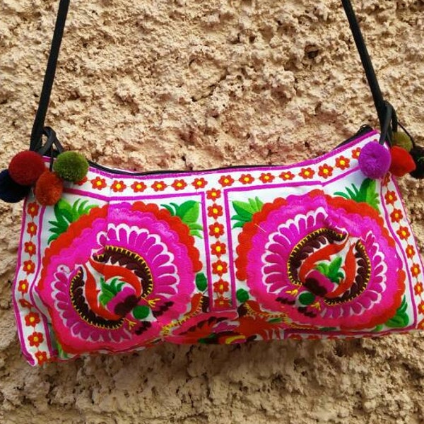 Hmong Floral Pom pom cross body shoulder bag tribe Embroidered Hippies Clutch Bag Gypsy Folk Style Retro Long Purse Embroidery Wristle pink