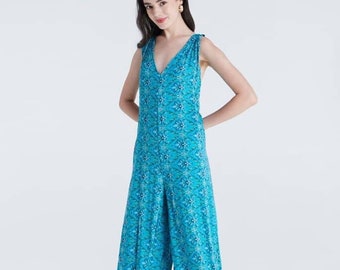 Boho Jumpsuits Strampler V-Ausschnitt Blumen Knoten Rücken Ärmellos Weites Bein Fließender Overall Stoff Hippie Boho Bunt 70er Jahre Vintage Chic Damen