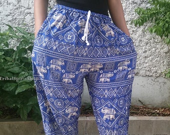 Sarouel bleu en rayonne éléphant : pantalon de yoga bohème hippie