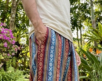 Baja bomullsshorts Hippie Herr Tribal Boho Sommarfestival Boho Azteker Etnisk ikatstil Vävd drogmatta Kläder Zigenare Gåva Unik Chic