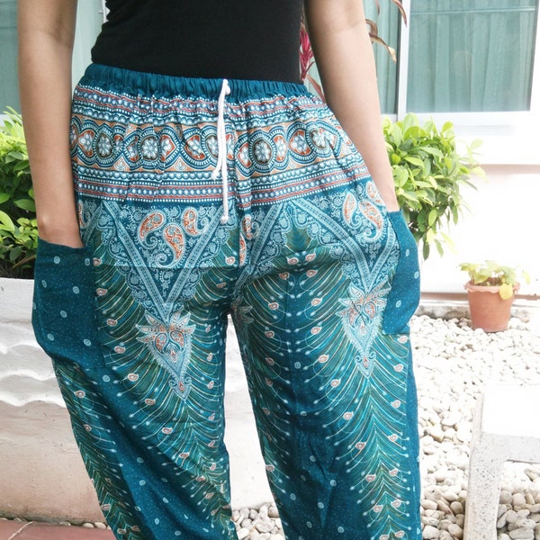 Boho Peacock Pants Hippie Gypsy Unique Festival Style Relax Yoga Exercise summer Festival Men Women Clothing Beach Green teal Thailand pants