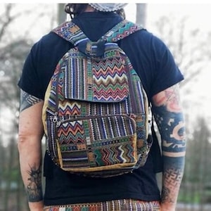 Tribal Woven Backpack Boho Aztec hippie Southwestern Baja pattern Style Ruck Sack Student School daypack Gift for Bohemian Traveler festival