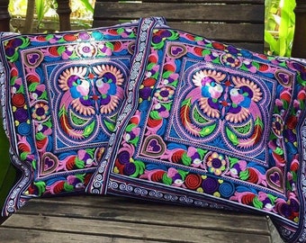 Boho broderi fågelmotiv blommor tribal Hmong kuddfodral örngott handgjort kuddfodral kullstam heminredning sängdekor unik gåva