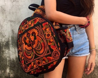 Embroidered Backpack Tribal Bohemian Hippie Retro Hmong Flower fabric Festival Travel Luggage School backpack bucket bag Women Gifts Trippy