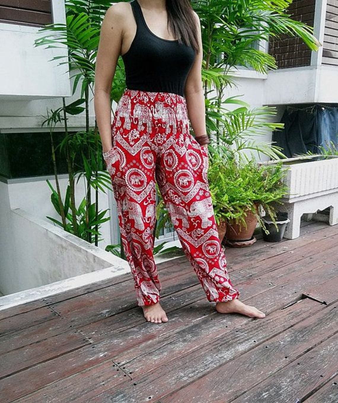 Red Boho Yoga Pants Hippies Gypsy Massage Elephants Print Etsy