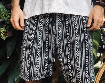 Geometric Baja Shorts Hippie festival outfit for Men Burning man fashion Boho Summer Hipster Bohemian Gypsy Nepalese cotton Monochrome