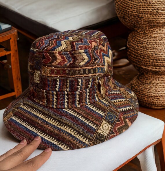 Navajo Hippie Bucket Hat boho Rust Roll brim Southwestern Bohemian