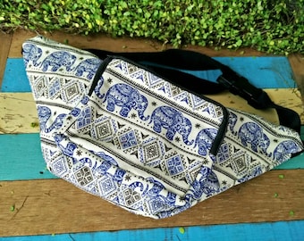 Fanny pack elephants print festival tribal Boho bum bag Ethnic Styles belt belly Pouch Travel phanny waist bags Ikat Hippies Bohemian blue