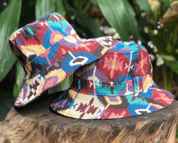 Artisan Boho Bucket Hat Aztec Colorful Design Hipster Hat Men Women Hippie Festival Canvas Cotton Hat Handmade Dreadlock Hats