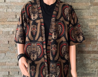 Bali Batik Kimono cardigan Motifs Boho Tribal style Blazer music Festival Streetwear outfit for Men women Loungewear Summer Rave accessories