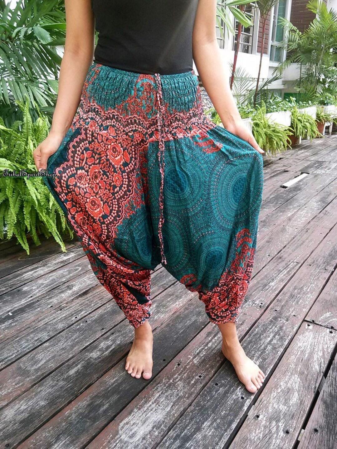 Green Jumpsuit & Drop Crotch Harem Pants Aztec Floral