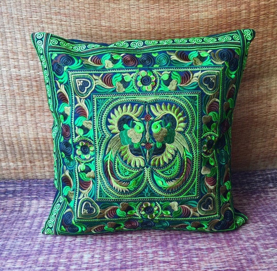 Ethnic Tribal Bird Design Green Embroidered Thai Cushion Covers Ethnic Tribal Bird Design Green Embroidered Thai Cushion Covers
